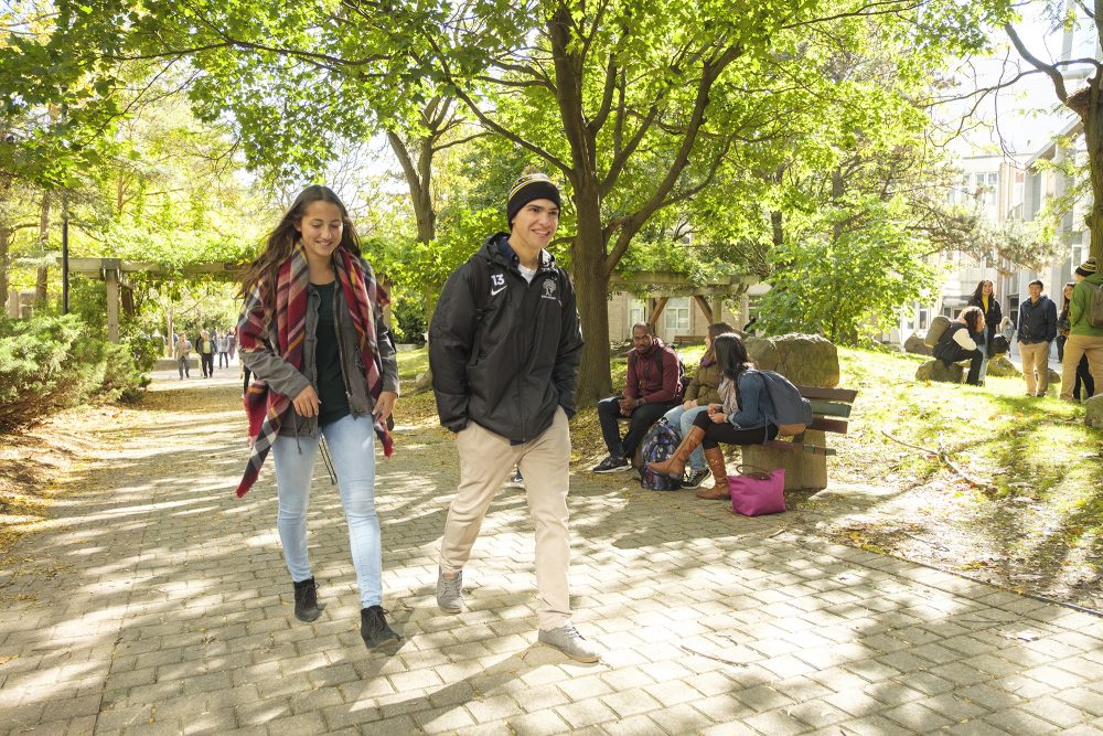 Students walking through campus on an early fall day