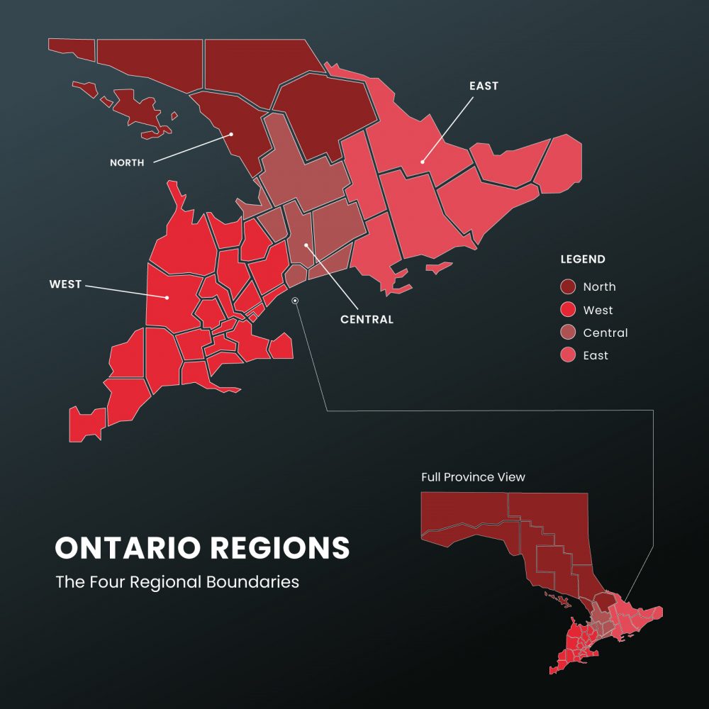 Regional boundaries map of Ontario, Canada.